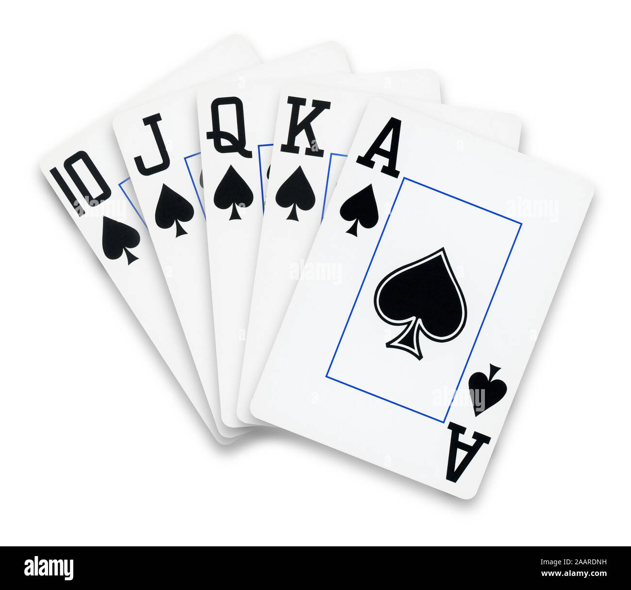 Cartes de poker droit Flush spades mains - isolé sur blanc Banque D'Images