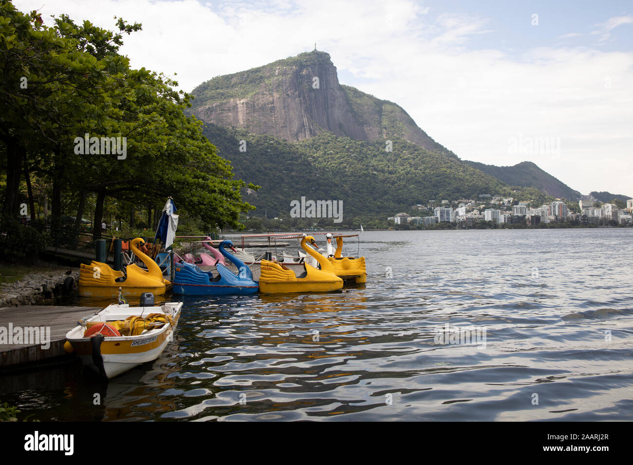 L'eau Swann bicyclettes dans la ville de Rio avec le lac en toile de fond la montagne du Corcovado Banque D'Images