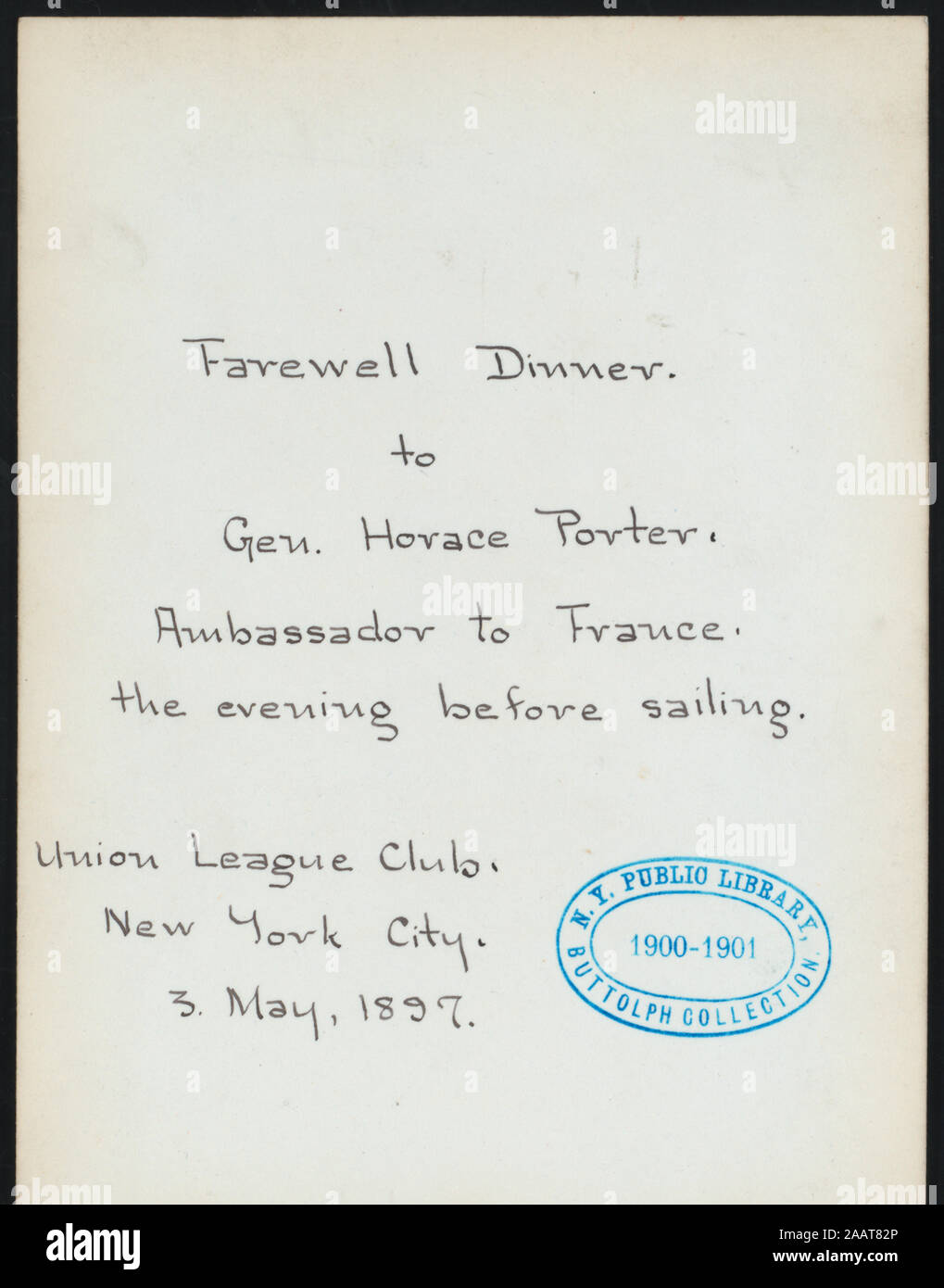 Le dîner au GÉN HORACE PORTER, l'Ambassadeur de France ; (détenu par) UNION LEAGUE CLUB (à) l'hôtel DELMONICO (MENU) ; en français, vins énumérés ; PROGRAMME & intervenants inclus ; LES MEMBRES DU COMITÉ VISÉS ; DÎNER À GEN. HORACE PORTER, l'AMBASSADEUR DE FRANCE ; [détenus par] UNION LEAGUE CLUB [at] DU DELMONICO (hôtel) ; Banque D'Images