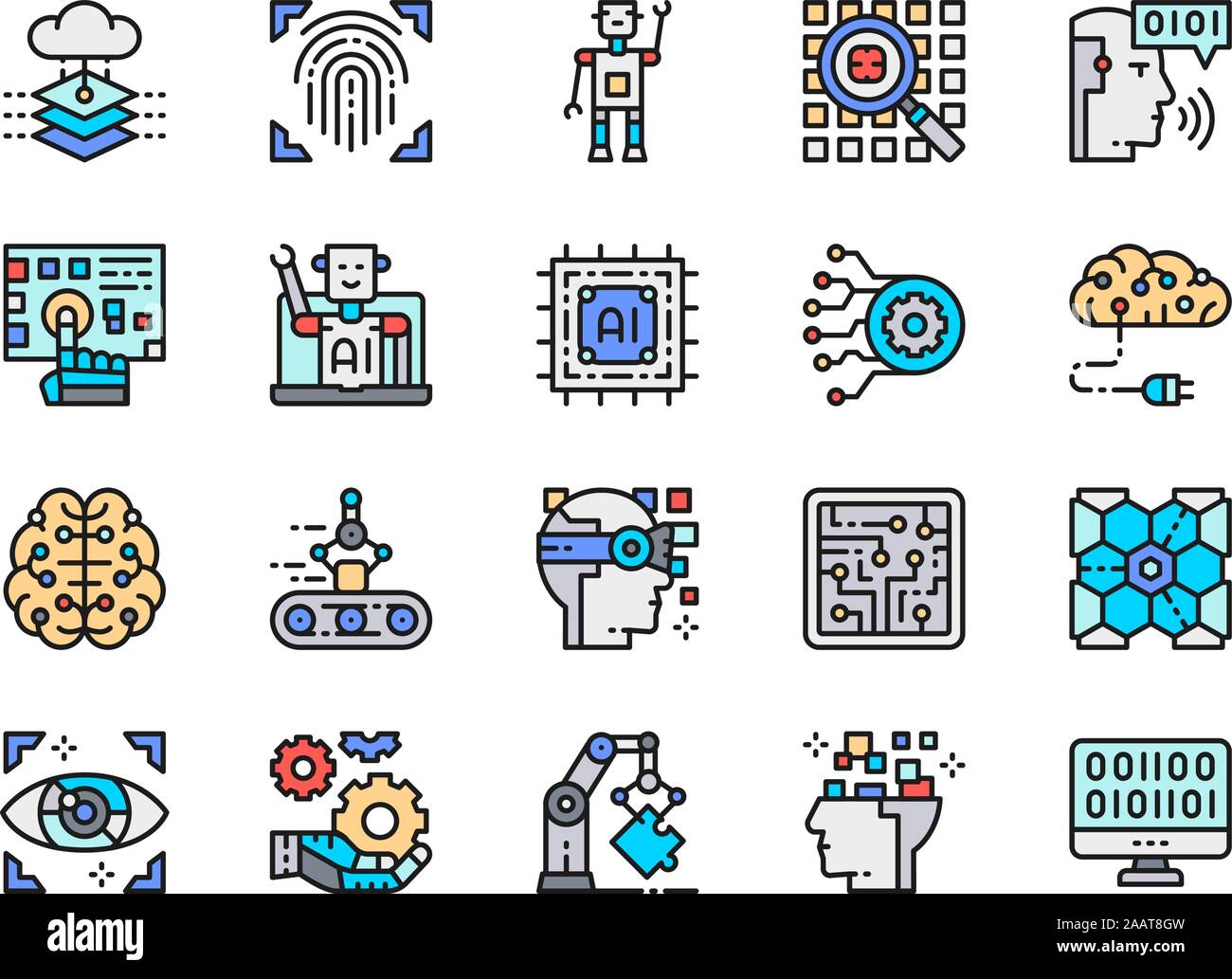 Jeu de l'Intelligence Artificielle Couleur Ligne d'icônes. Engineering, convoyeur, Big Data Illustration de Vecteur