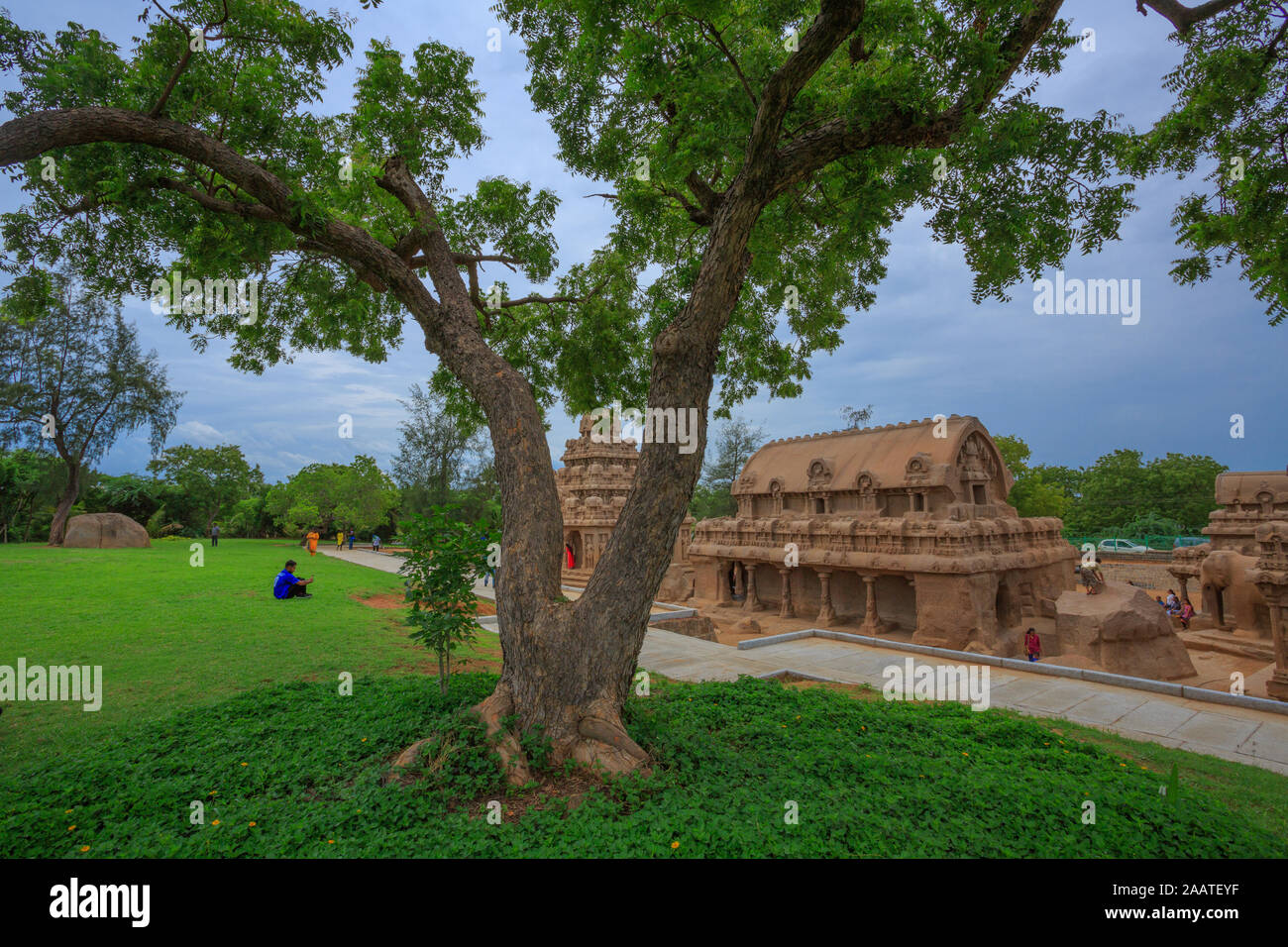 Cinq rathas (Pancha Raths) - Le célèbre temple de Mahabalipuram (Inde). La structure est faite de pierre monolithique. Banque D'Images