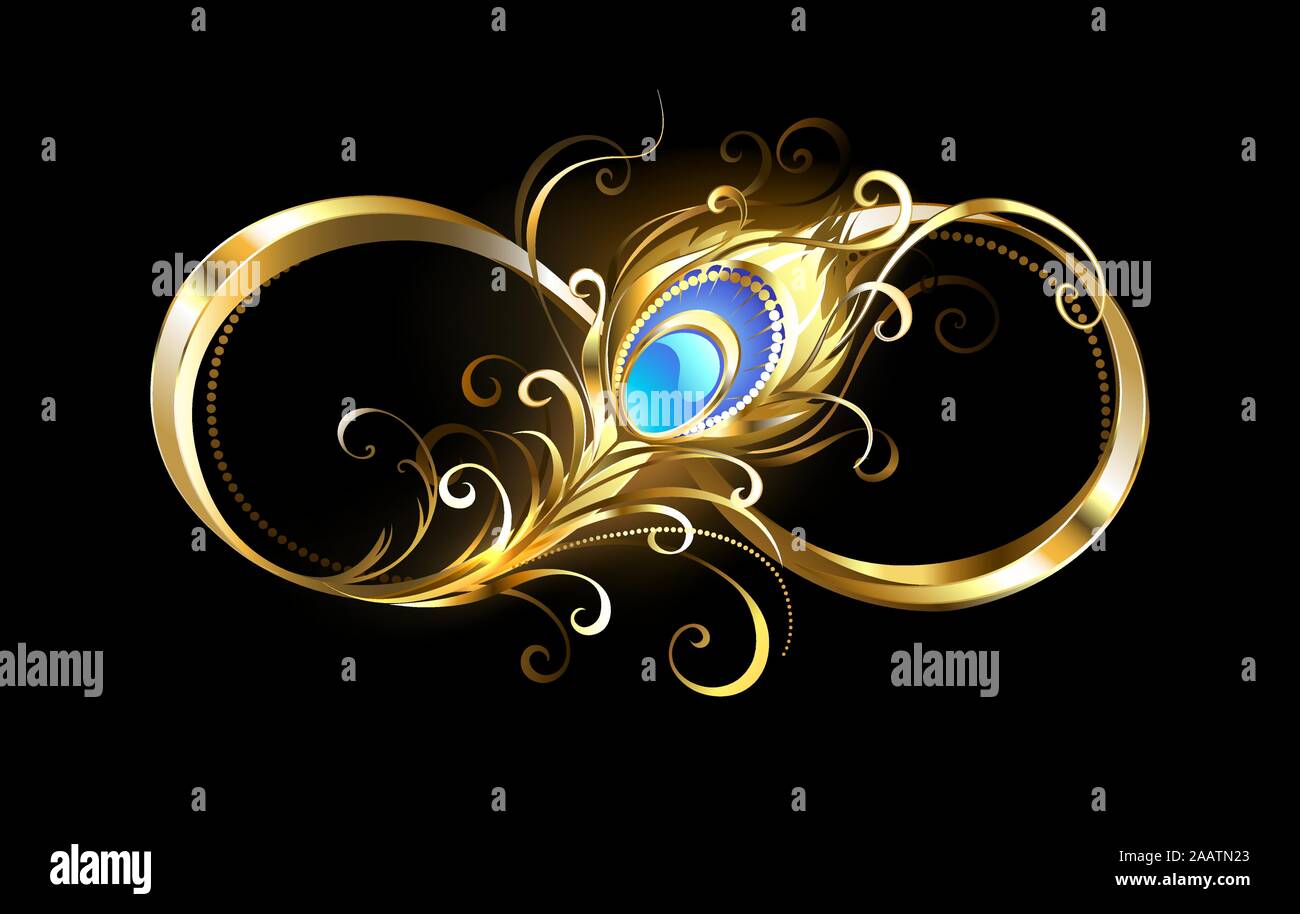 L'or, symbole de l'infini, brillant orné de plume de paon avec bijoux turquoise sur fond noir. Illustration de Vecteur