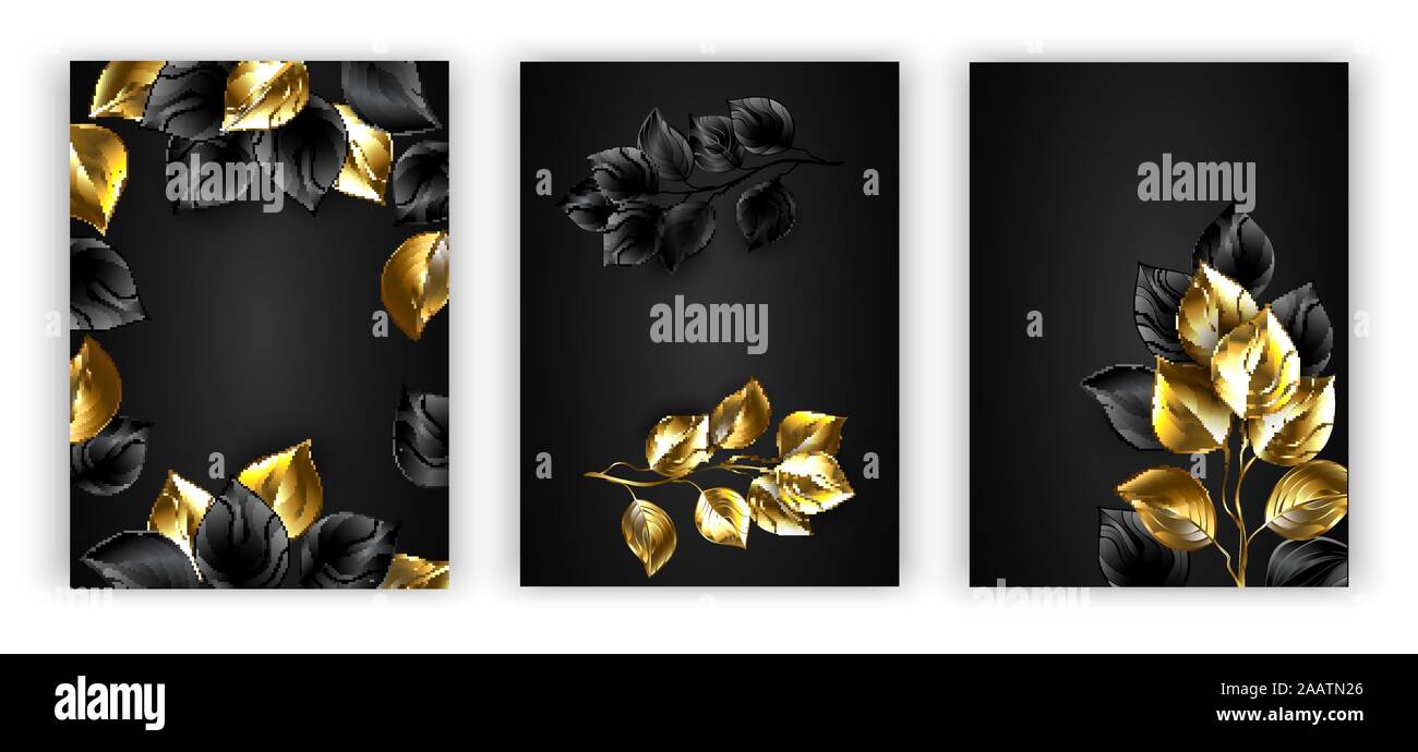 Collection de dessins ou modèles de bijoux, des brindilles noir et or sur fond noir. Les feuilles d'or. Illustration de Vecteur