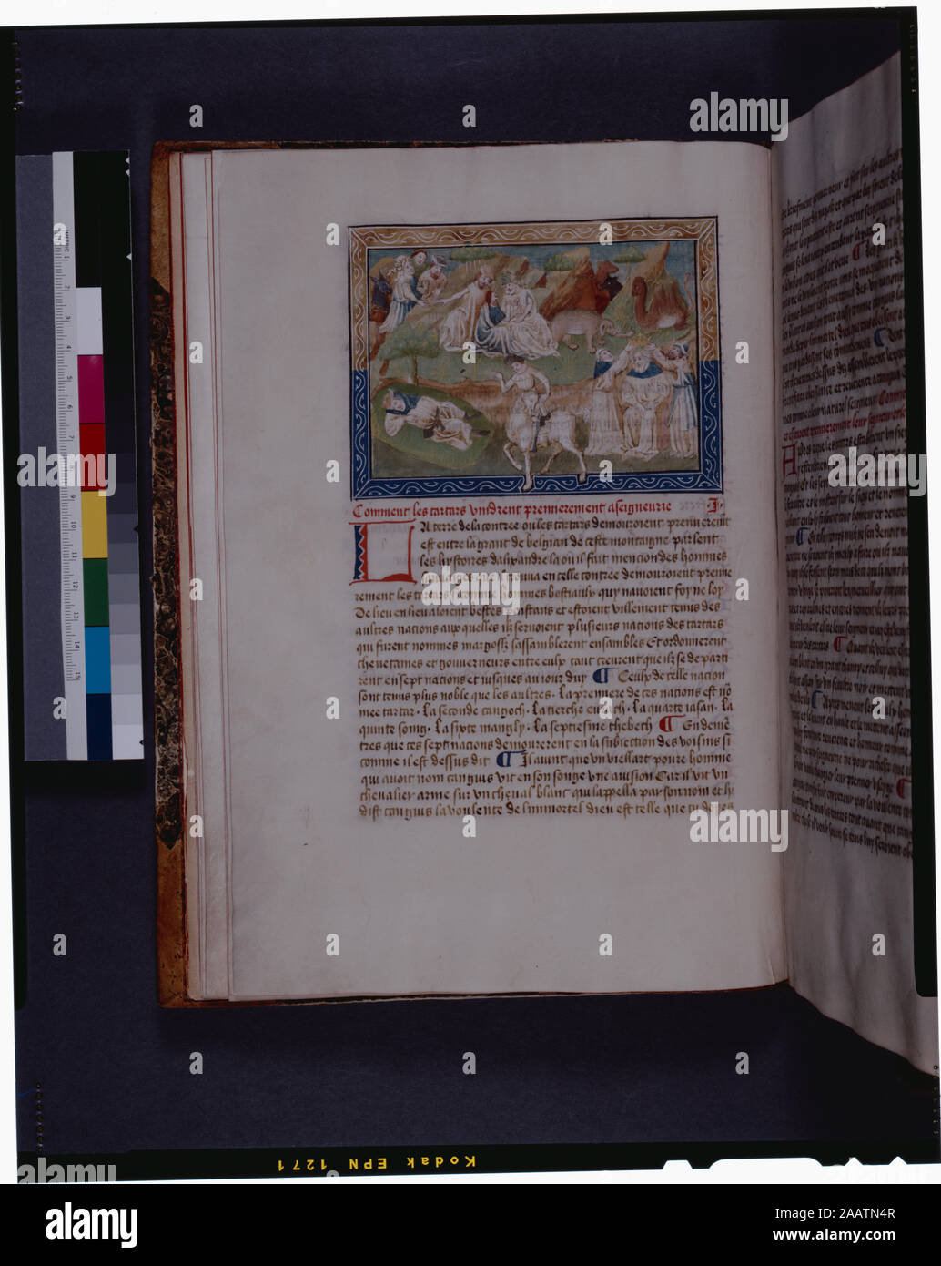 Songe de Ghenghis Khan qui voit un homme sur un cheval blanc annonce la destinée des Tartares ; d'autres moments de l'histoire, le tartre avec des chameaux et un éléphant dans l'arrière-plan énumérés dans De Ricci, Seymour, recensement des manuscrits du Moyen Âge et de la Renaissance dans les États-Unis et le Canada. New York. N.Y. : H.W. Wilson, 1935 ; et garanti, New York, N.Y. : Bibliographical Society of America, 1962. Actionnariat : à partir de la collection d'Astor. De Ricci, 1324. Tableau par M. G.B. Guest. Dossier de la bibliothèque. 1 36 longues lignes par page (parfois de 2 colonnes), a statué en rouge. Mots clés visibles. 4 miniatures Dr Gu Banque D'Images