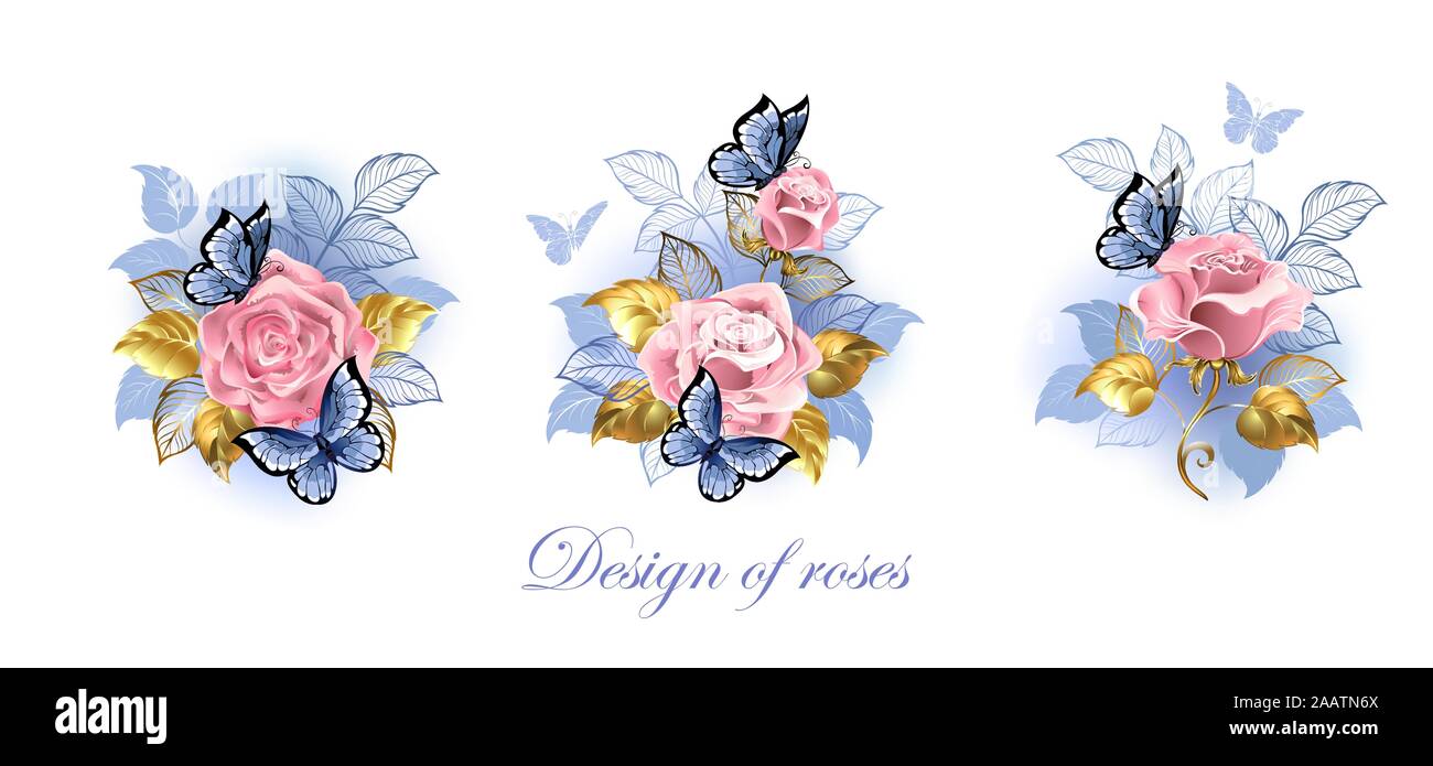 Trois petits bouquets de roses roses avec feuilles de bijoux en or avec des papillons bleus sur fond blanc. Illustration de Vecteur
