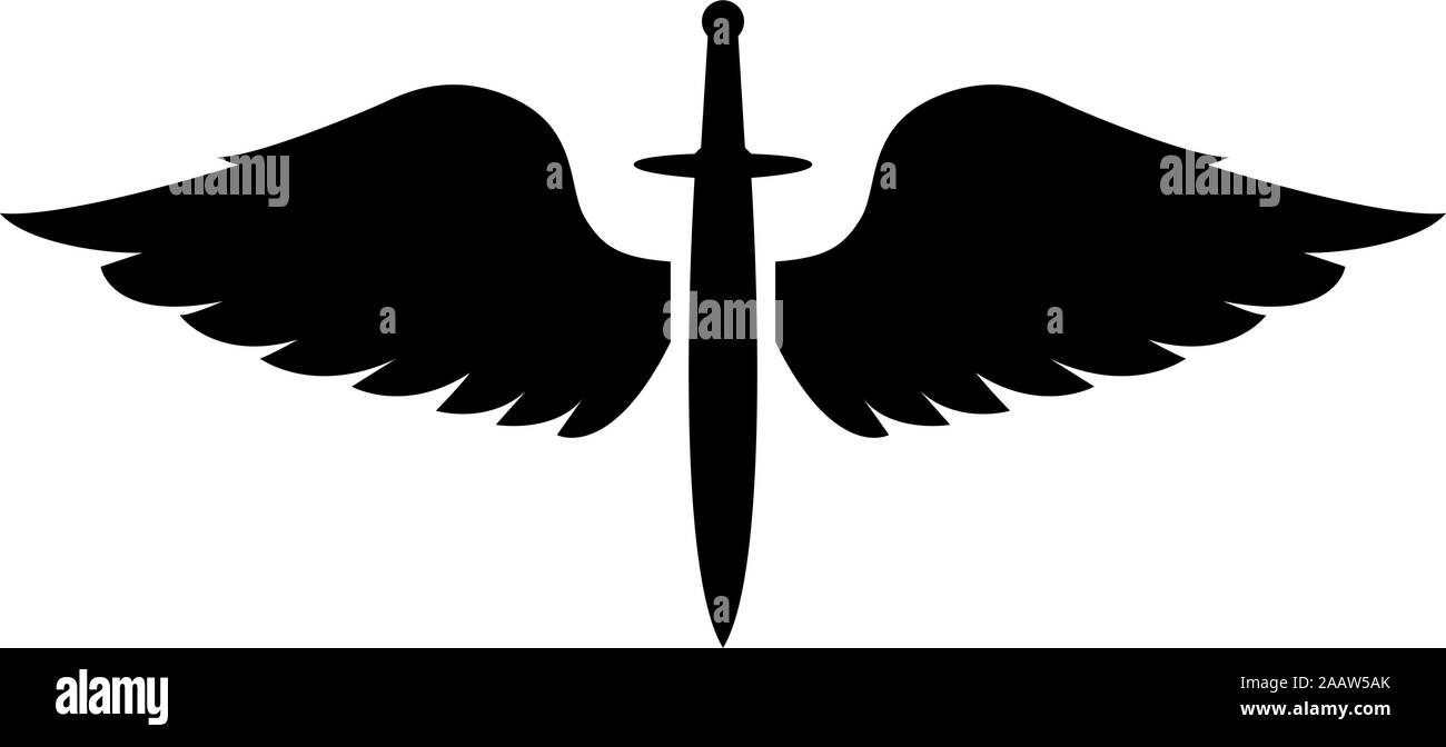 Ailes et symbole épée médiévale arme lame cadets Winged Warrior âge insigne blason la bravoure concept icon noir vector illustration couleur télévision Illustration de Vecteur