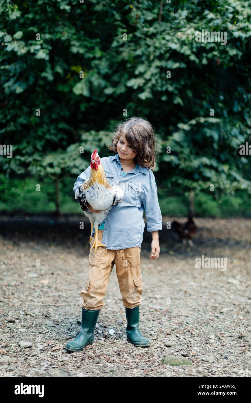 Boy holding chicken sur une ferme biologique Banque D'Images