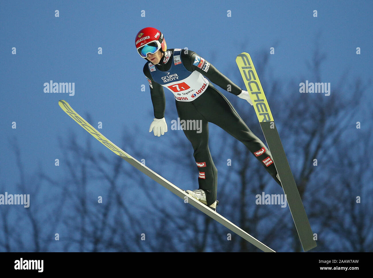Vu en action au cours de la compétition par équipe de la Coupe du monde de saut à ski FIS de Wisla. Banque D'Images