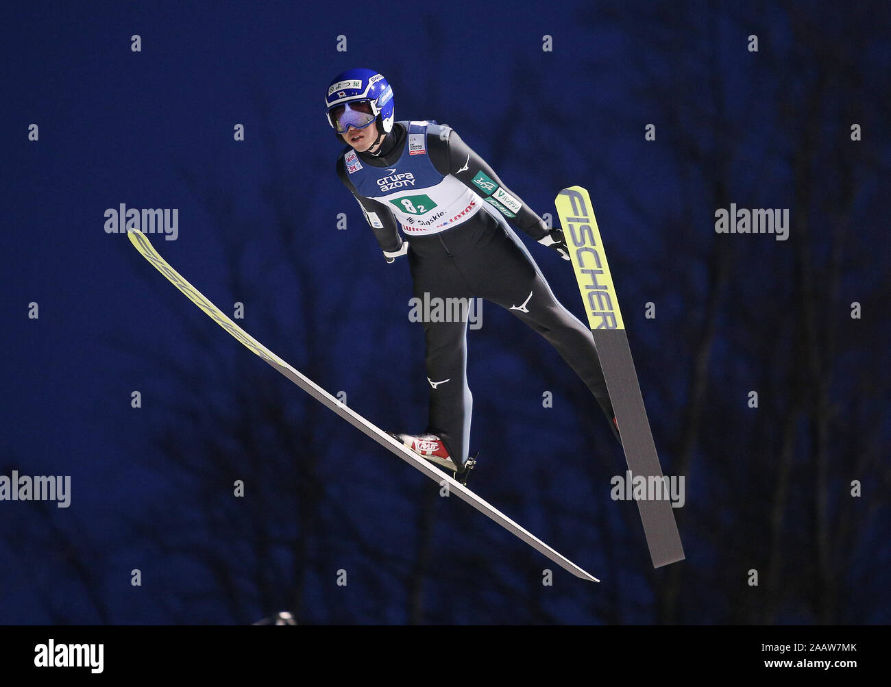 Vu en action au cours de la compétition par équipe de la Coupe du monde de saut à ski FIS de Wisla. Banque D'Images
