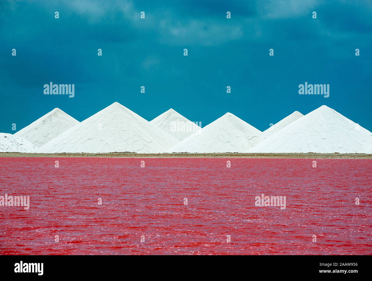 Vue sur le lac de sel rouge sur fond de ciel bleu à Bonaire, Antilles Pays-Bas Banque D'Images