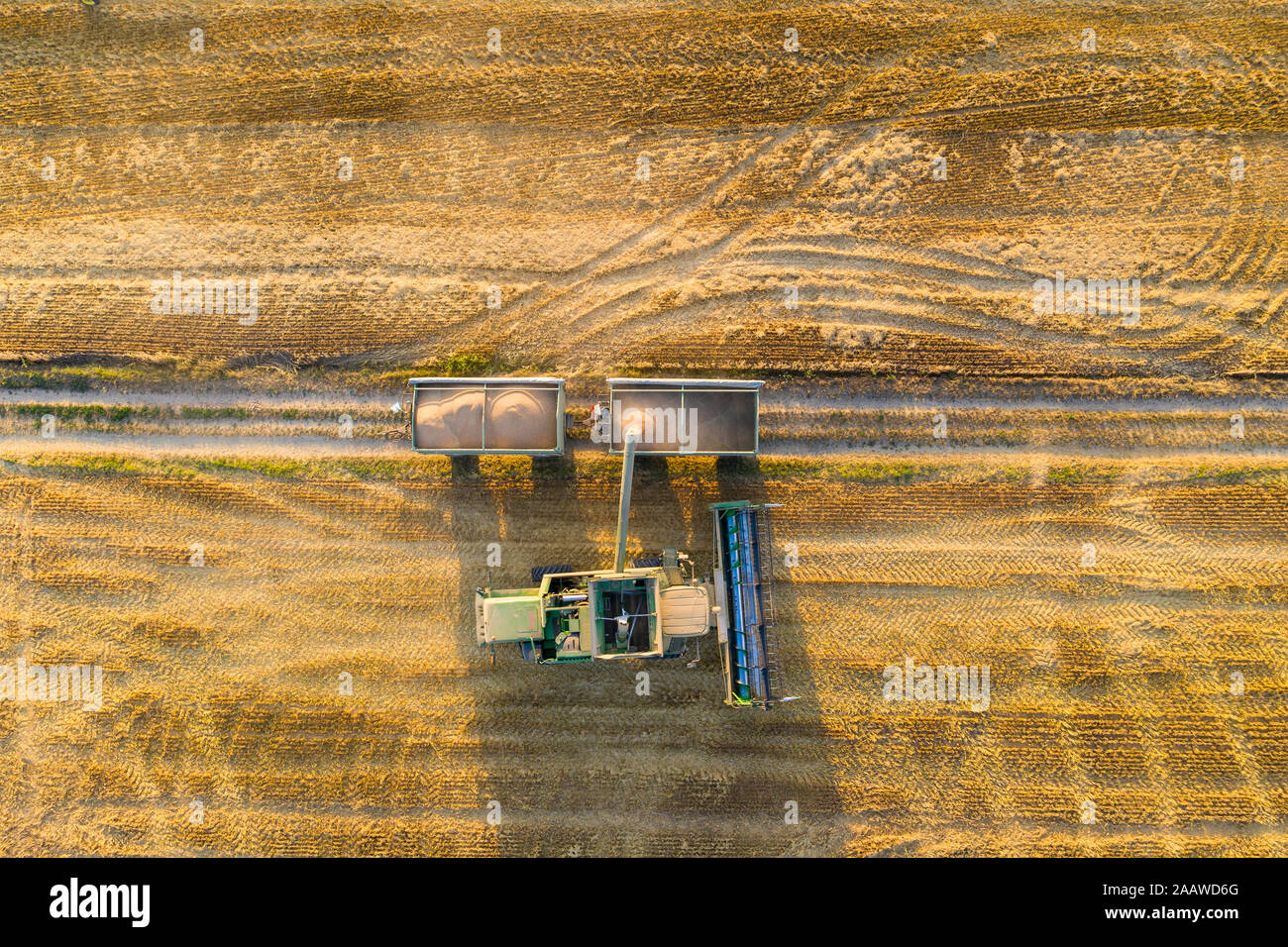Vue aérienne de la moissonneuse-batteuse, sur le domaine agricole pendant le coucher du soleil Banque D'Images Vue aérienne de la moissonneuse-batteuse, sur le domaine agricole pendant le coucher du soleil Banque D'Images