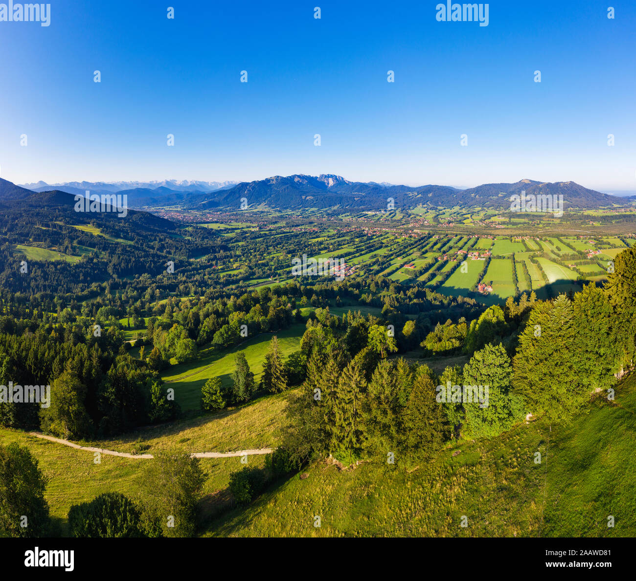 Vue panoramique du paysage contre ciel clair d'Sonnatraten, Gaissach, Isartal, Isarwinkel, Haute-Bavière, Bavière, Allemagne Banque D'Images