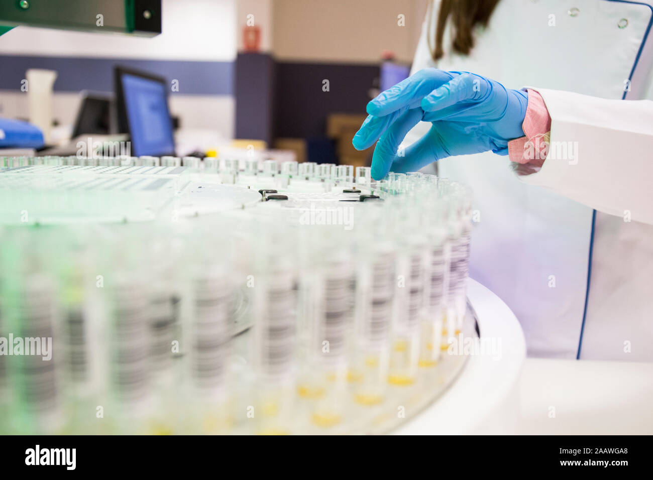 Close up of gloved hand picking up test tube rack de Banque D'Images