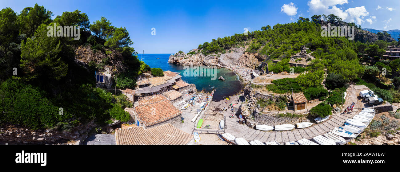 L'Espagne, Îles Baléares, Mallorca, Cala Deia, aerail de bay view Banque D'Images
