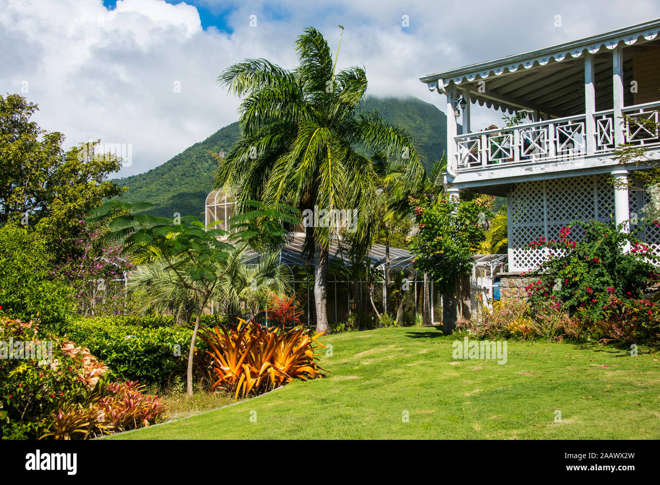 Vue sur jardin botanique contre ciel nuageux à Saint-Christophe et Niévès, Caraïbes Banque D'Images