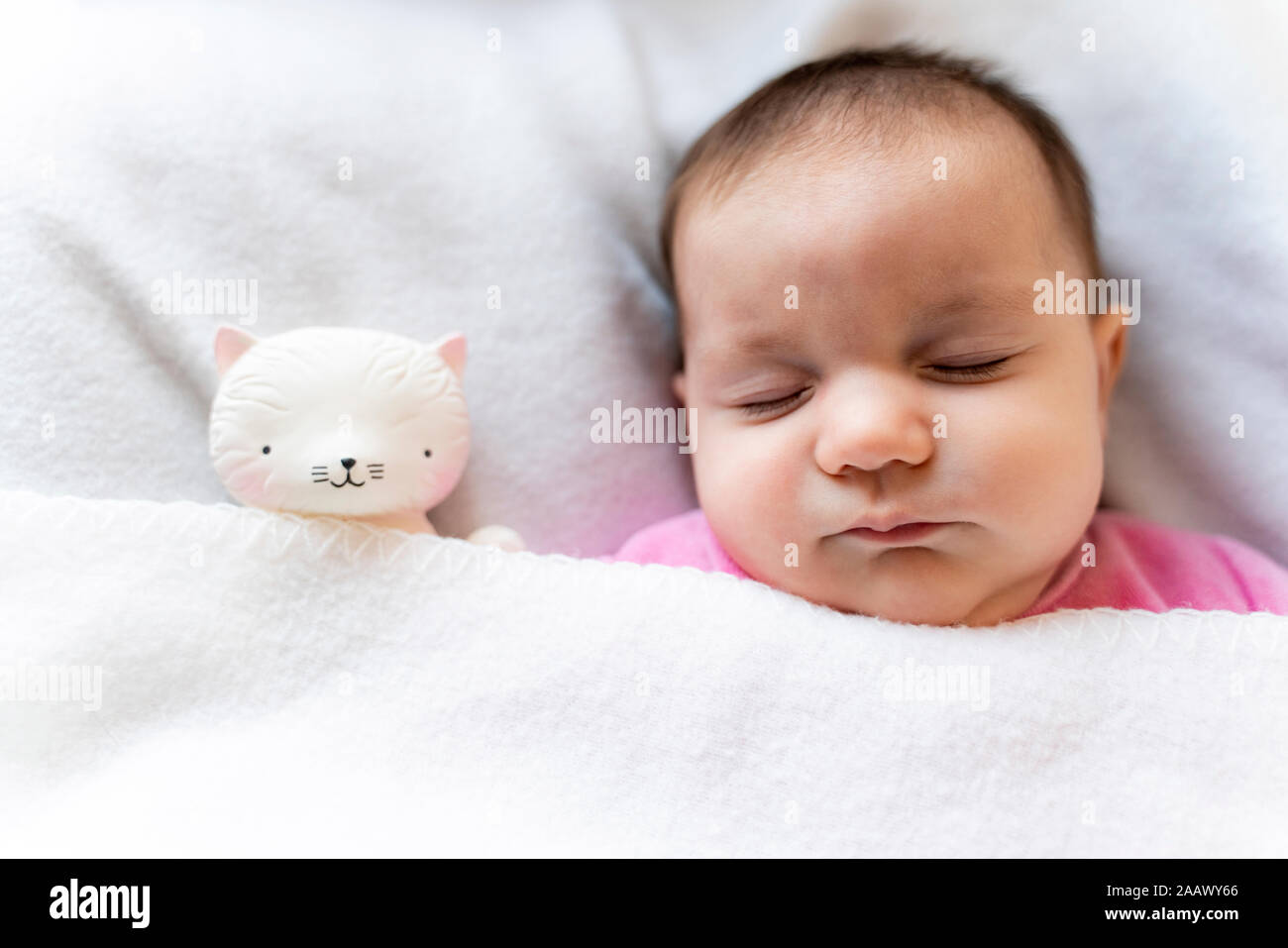 Portrait of sleeping baby girl with cat toy Banque D'Images