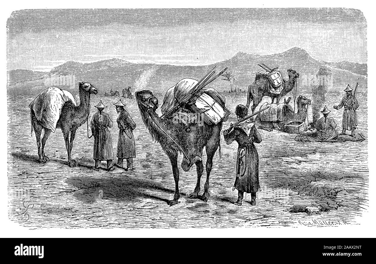 Russe - service postal express chinois avec la caravane de chameaux pour la livraison des lettres et des colis de traverser le désert Banque D'Images