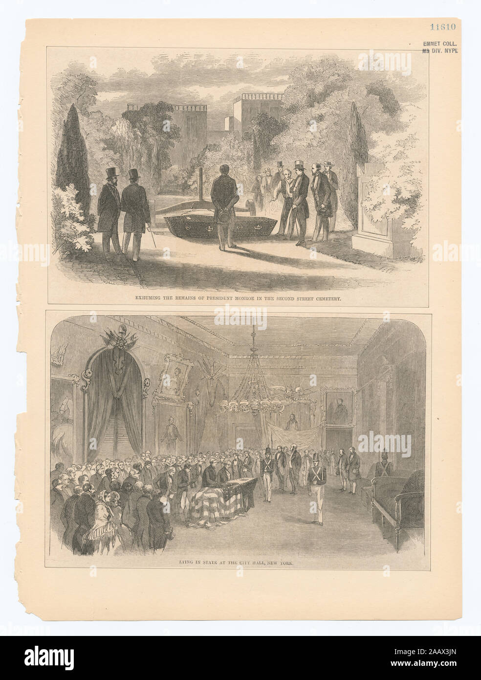 Exhumer les restes du Président Monroe dans la deuxième rue cimetière ; en chapelle ardente à l'Hôtel de Ville, New York ; l'atterrissage à Richmond ; la cérémonie à la tombe, cimetière d'Hollywood, Richmond, EM11610 ; exhumer les restes du Président Monroe dans la deuxième rue cimetière ; en chapelle ardente à l'Hôtel de Ville, New York ; l'atterrissage à Richmond ; la cérémonie à la tombe, cimetière d'Hollywood, Richmond, Virginie. Banque D'Images