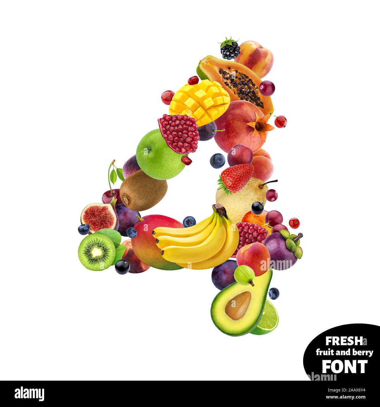 Numéro quatre, faites de différents fruits et de baies, fruits alphabet isolé sur fond blanc Banque D'Images