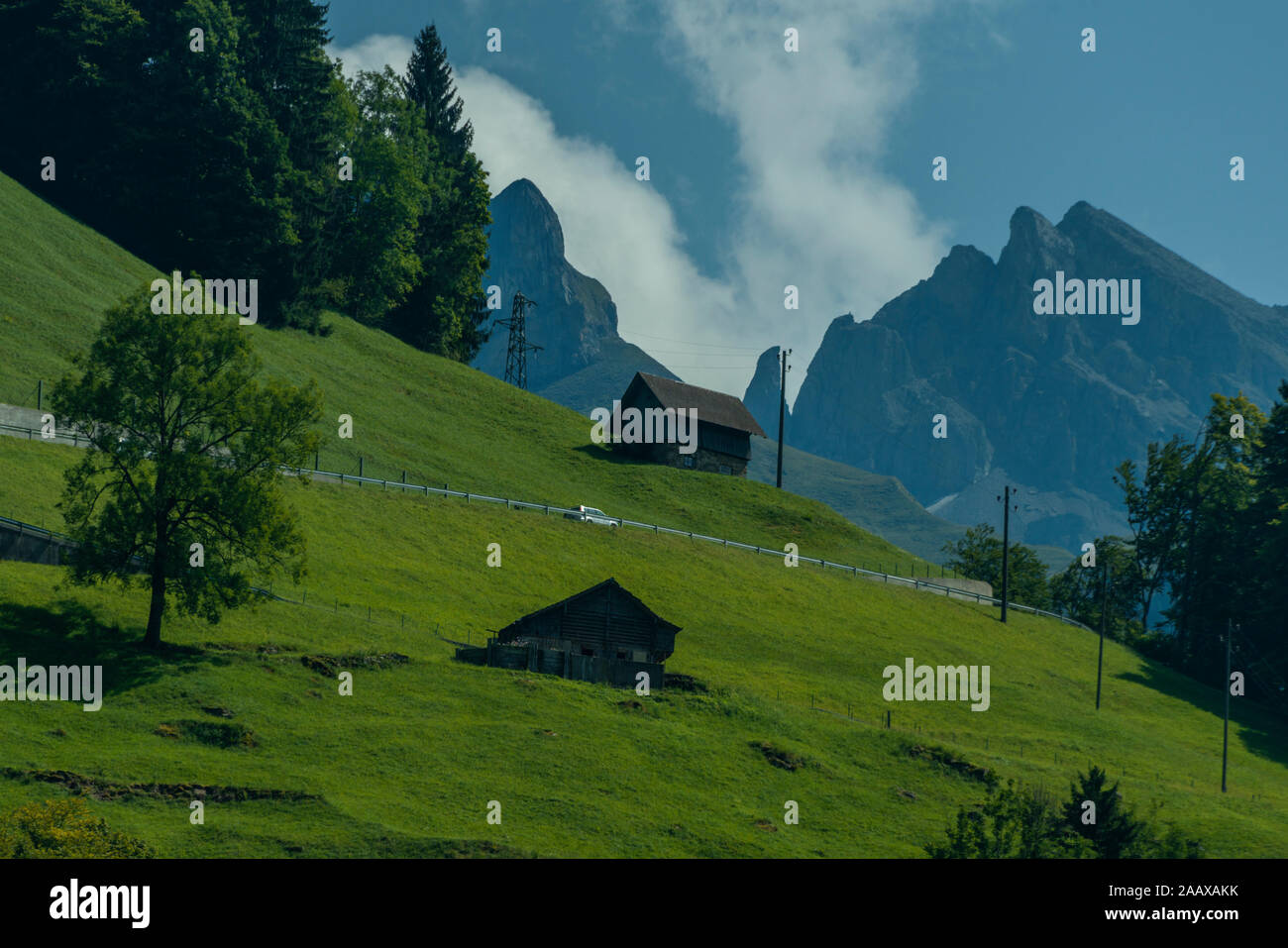 Une vue typique entre les Alpes suisses, avec des montagnes, des champs verts luxuriants et des structures en bois. Banque D'Images
