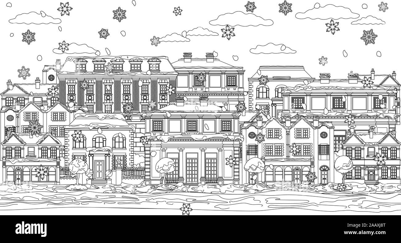 Maisons de neige de Noël Scène Contours coloriage Illustration de Vecteur