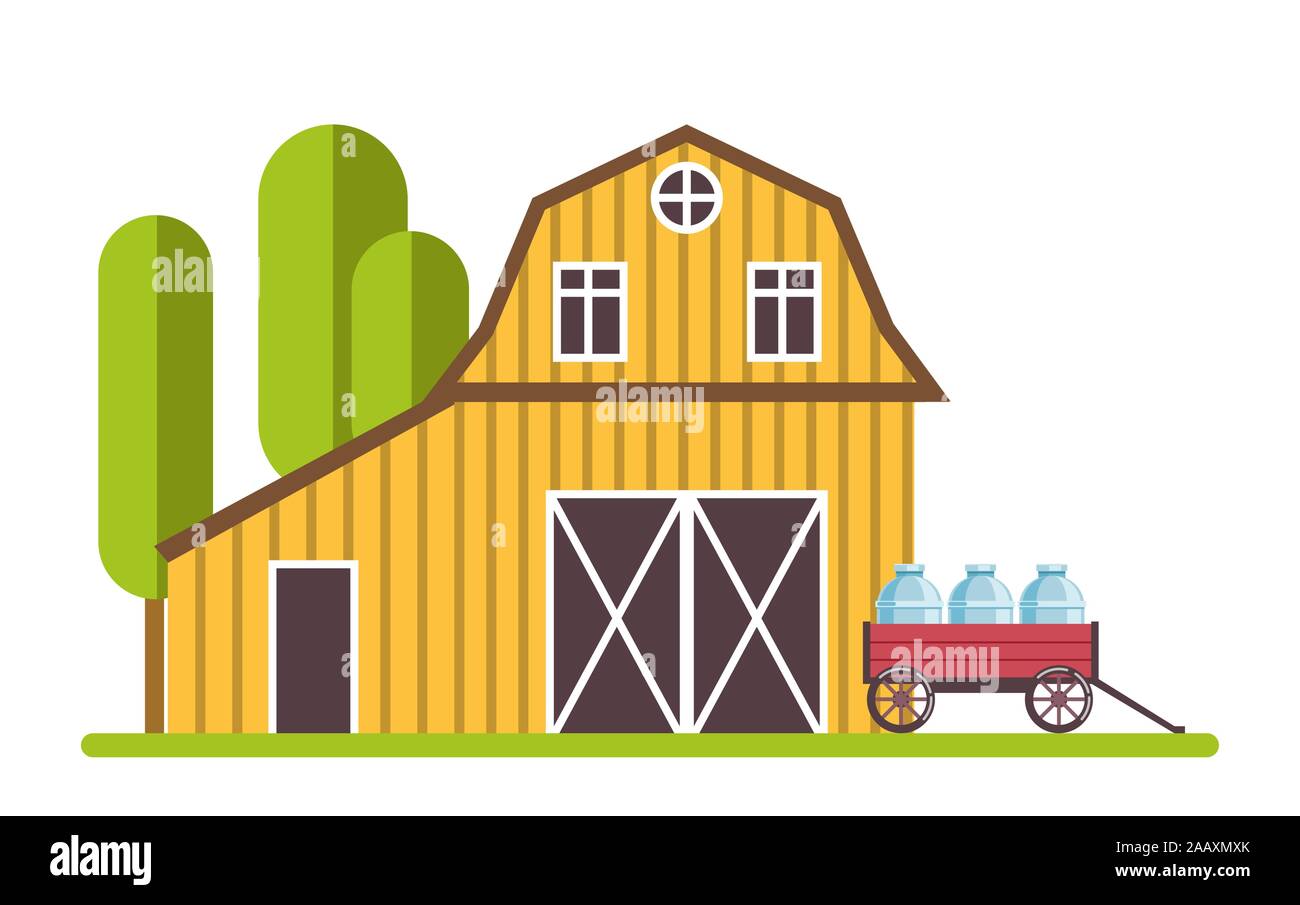 Grange rurale et brouette avec gallons de lait icône isolé Illustration de Vecteur