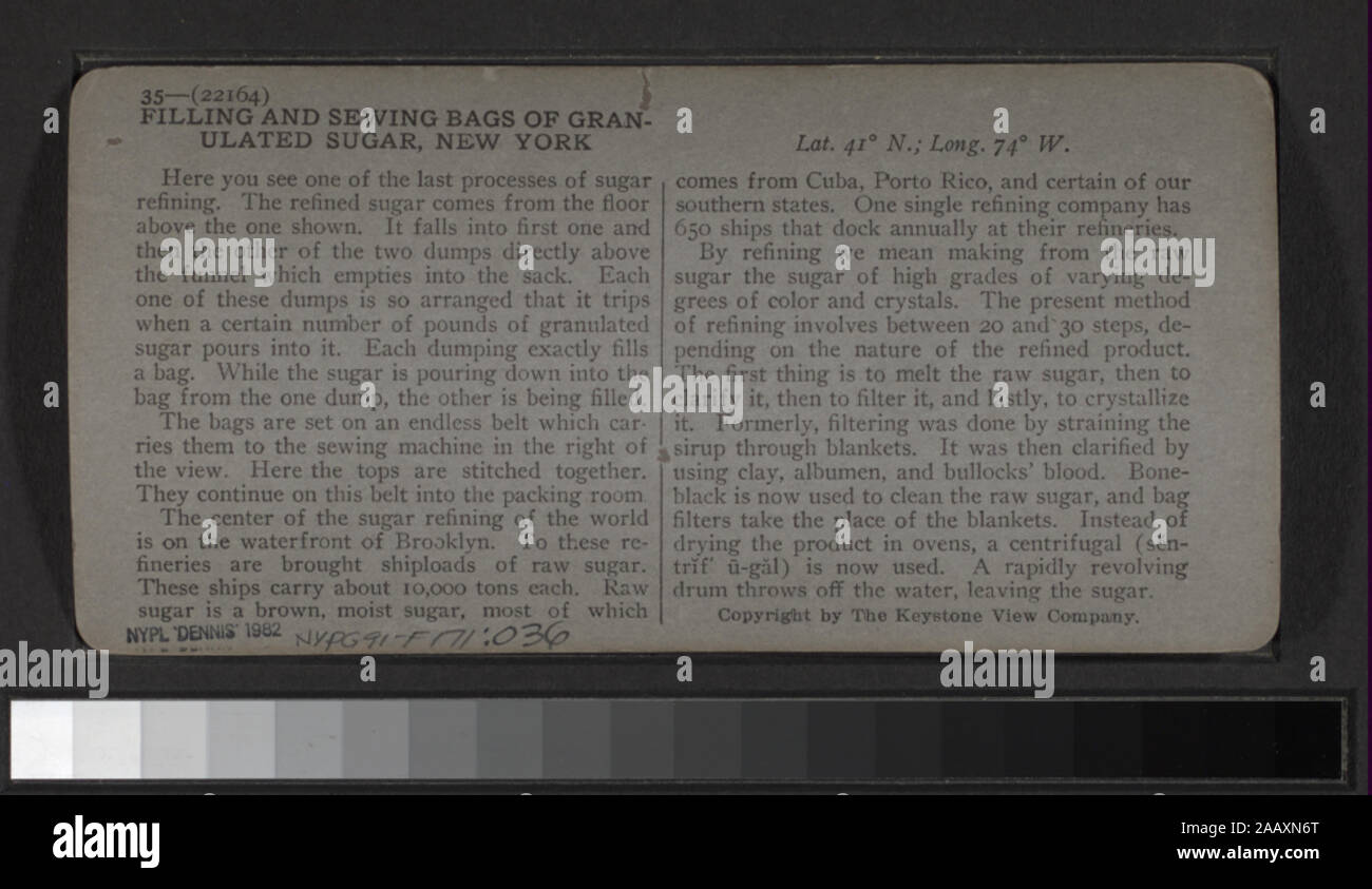 Le remplissage et la couture des sacs de sucre granulé, New York offre une vue par B. W. Kilburn, O. C. Smith, Pendleton et d'autres photographes et éditeurs. Robert Dennis Collection de vues stéréoscopiques. Certains points de vue ont un timbre apposé. Titre conçu par cataloger. Vues à Brooklyn : Fulton Street ; une vue sur des chemins ; les églises : Église catholique (Dr Cuyler's), St Ann's, Plymouth (Henry Ward Beecher's), une vue montrant l'organe, Talmages Brooklyn Tabernacle, First Unitarian, Christ Church, Église méthodiste épiscopale, y compris l'intérieur, Clinton St. Congrégation, Saint Pierre, Grace Church Banque D'Images