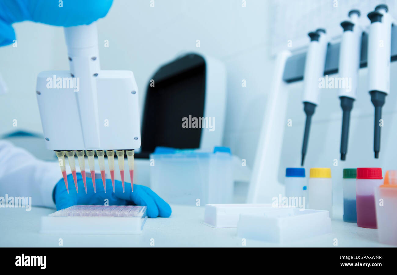 Femme faisant expérience scientifique dans un laboratoire moderne Banque D'Images