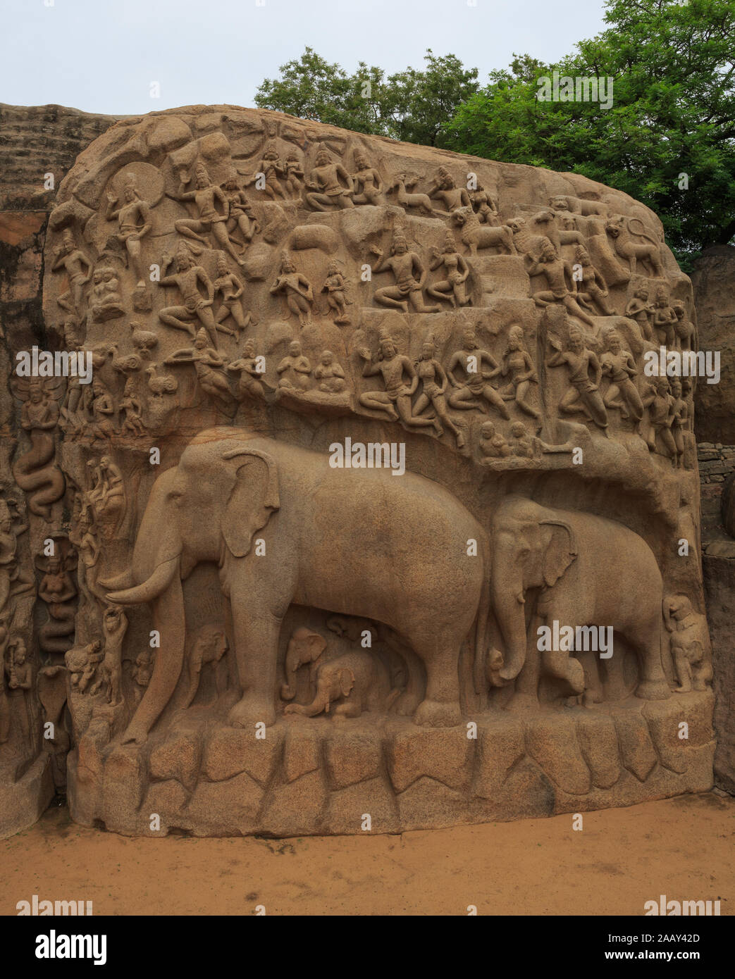 La pénitence d'Arjuna - La célèbre architecture de pierre monolithique de Mahabalipuram (Inde) Banque D'Images