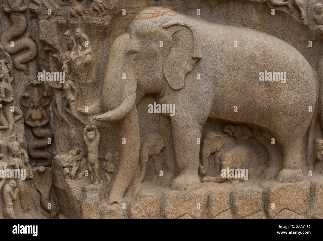 La pénitence d'Arjuna - La célèbre architecture de pierre monolithique de Mahabalipuram (Inde) Banque D'Images