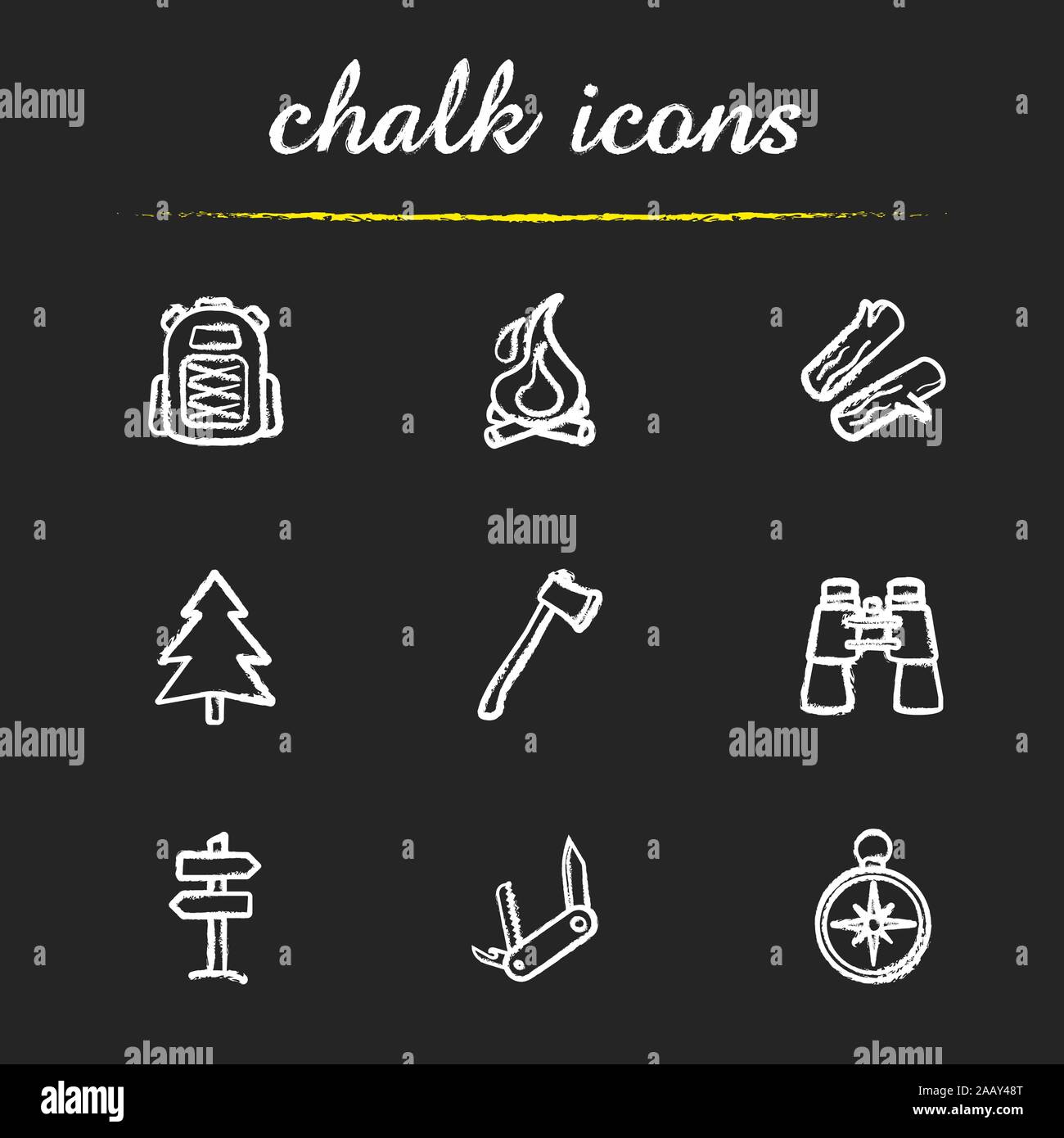 Camping icons set. Sac à dos, de camp, de bois, sapin, ax, jumelles, sens, couteau de poche, boussole des illustrations. Voyageant isol Illustration de Vecteur