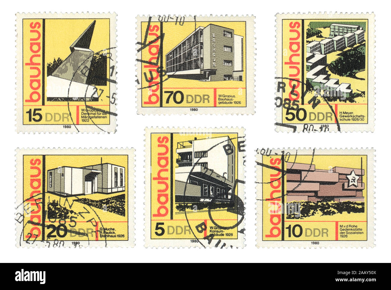 Staatliches Bauhaus 1919 . Les timbres imprimés en bâtiments Bauhaus montre DDR, école de Bauhaus, 1980 Banque D'Images