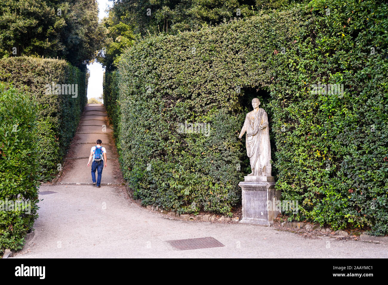 Vue sur Jardins de Boboli du Palais Pitti avec une statue romaine contre à une couverture élevée et une marche sur un chemin en montée, Florence, Toscane, Italie Banque D'Images