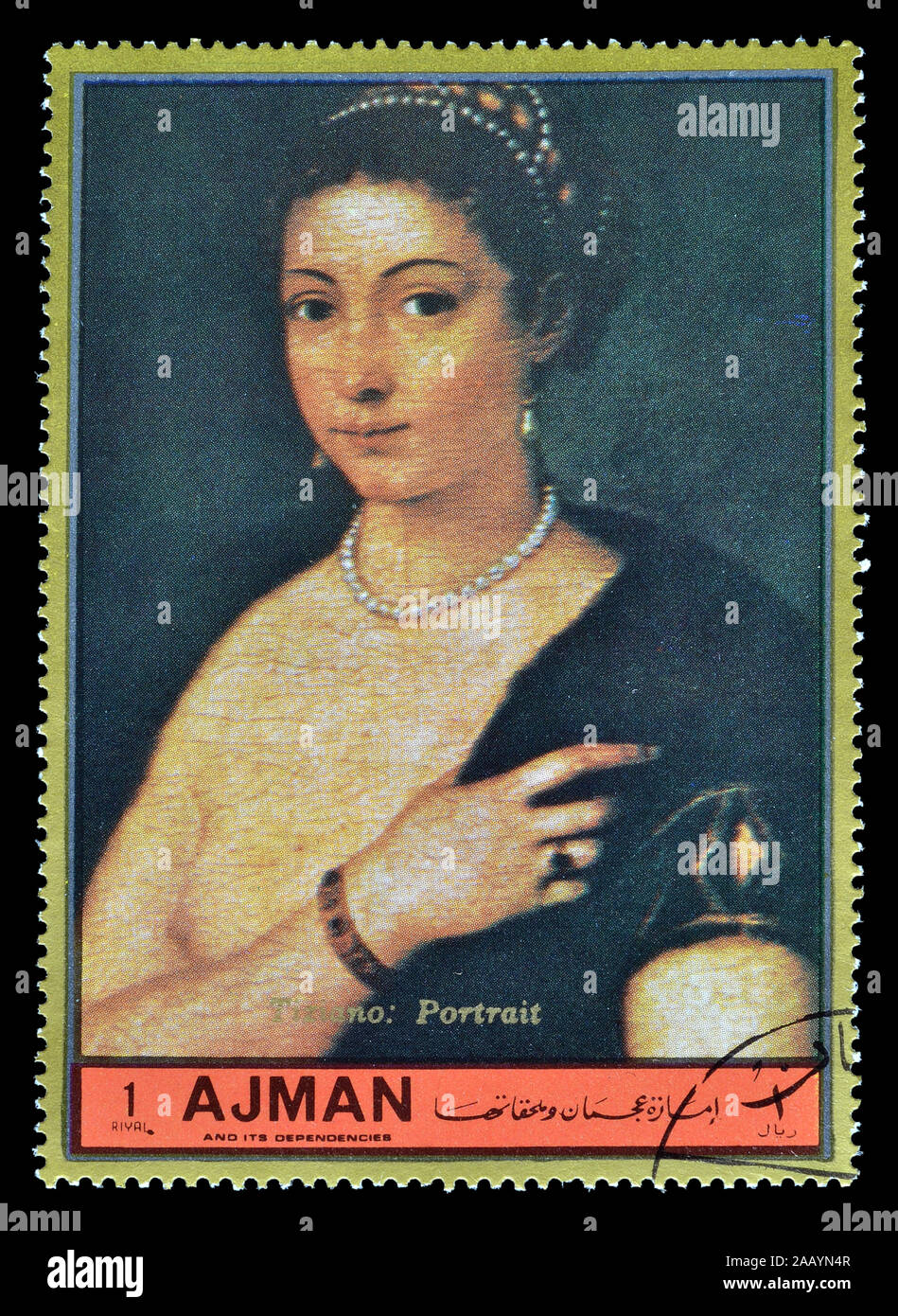Timbre-poste imprimé par Ajman, qui montre peinture de Titien, vers 1972. Banque D'Images