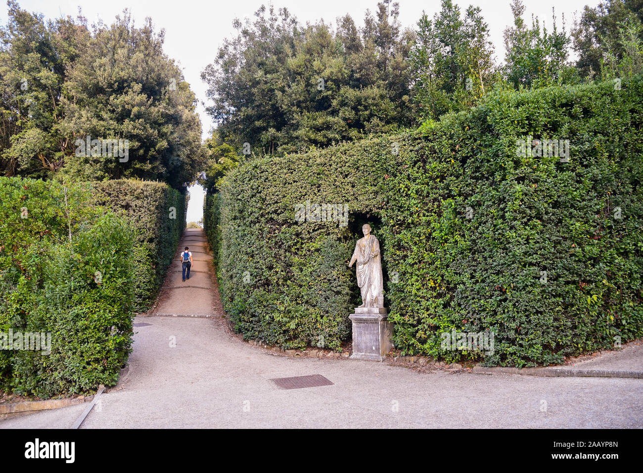 Vue sur Jardins de Boboli du Palais Pitti avec une statue romaine contre à une couverture élevée et une marche sur un chemin en montée, Florence, Toscane, Italie Banque D'Images