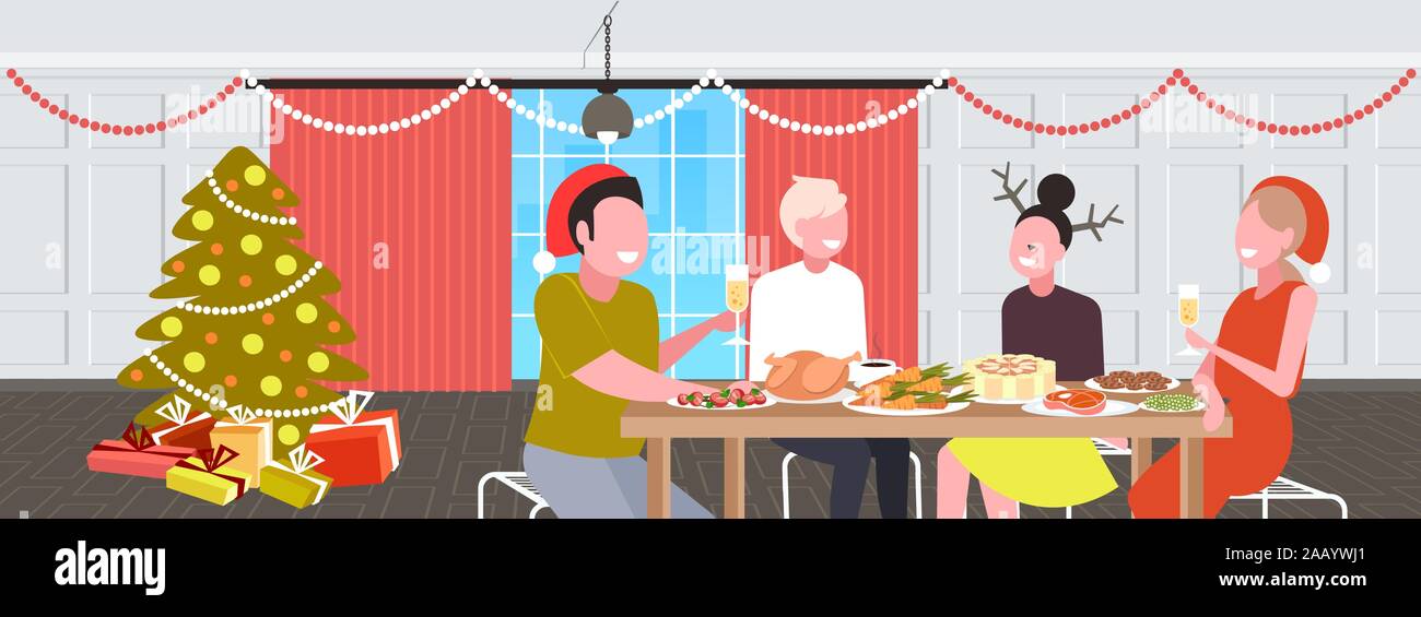 Amis assis à la table d'un dîner de Noël joyeux noël bonne année les vacances d'hiver, concept célébration salon moderne portrait intérieur illustration vecteur horizontal Illustration de Vecteur