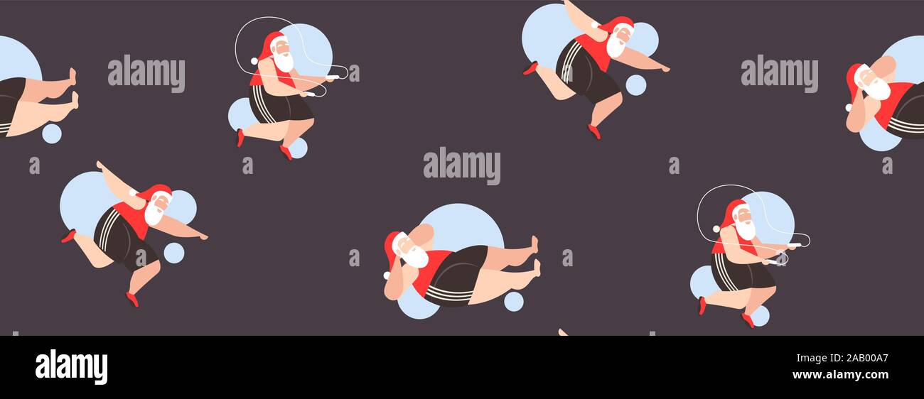 Gras set père noël faire différents exercices d'entraînement de formation de poids bearded man concept de perte de poids célébration de Noël fêtes de fin d'année modèle homogène d'illustration vectorielle horizontale Illustration de Vecteur