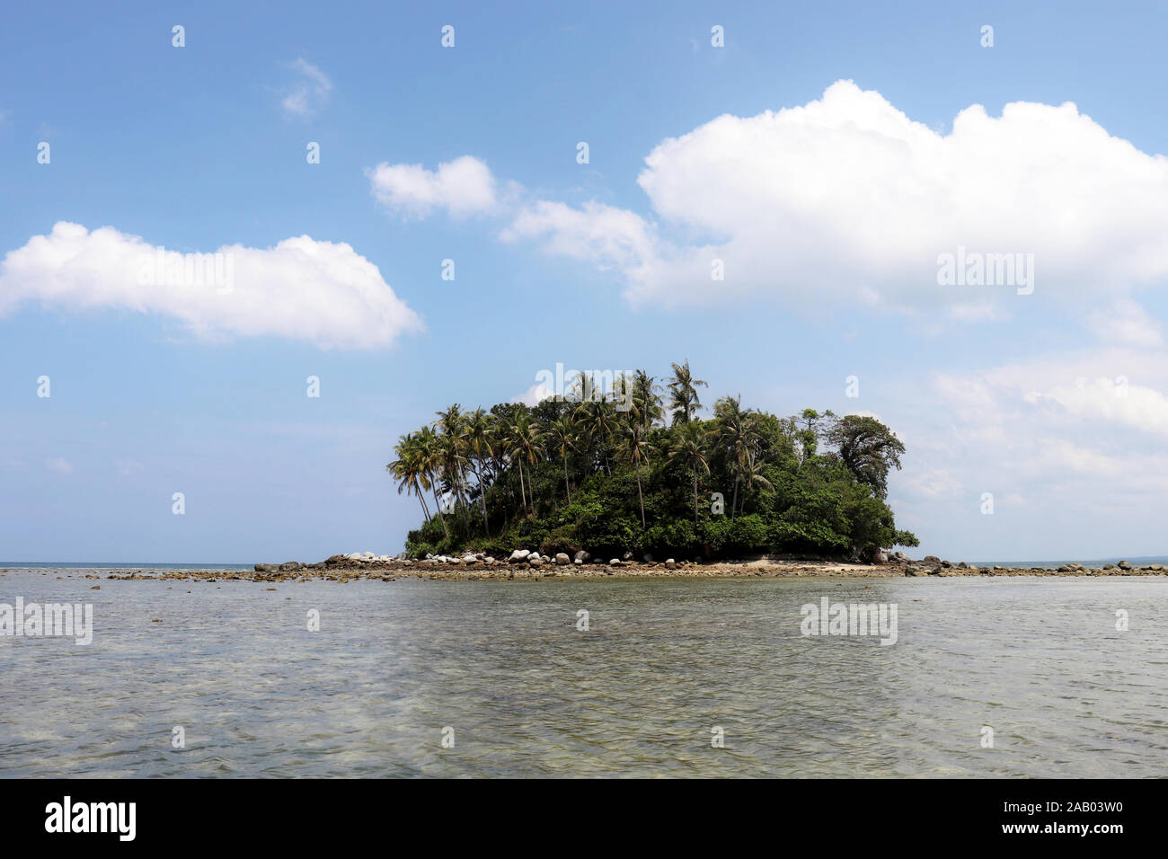 L'île tropical avec des cocotiers dans une vue pittoresque de l'océan, l'eau calme. Seascape colorés, concept de vacances et nature paradise Banque D'Images