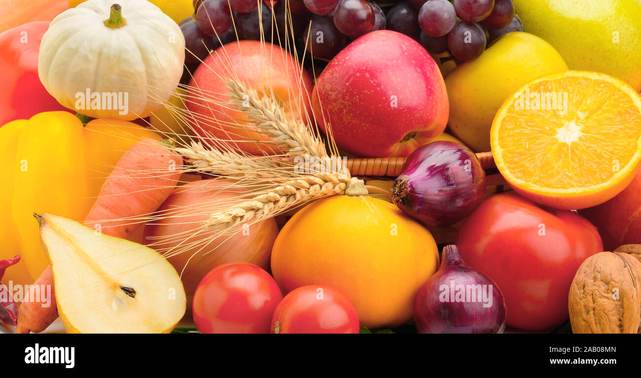 Arrière-plan lumineux d'une série de fruits et légumes Banque D'Images