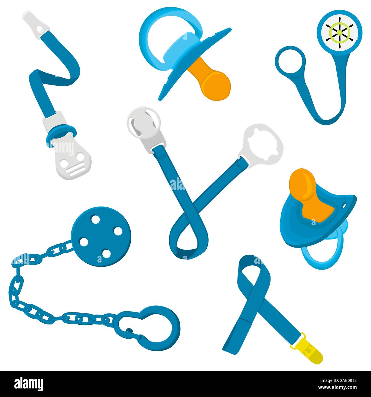 Mode couleur gros bébé sucettes, mannequin avec des porte-caoutchouc mamelon. Les sucettes bébé composé de collection pour nouveau-né, mannequin porte-tétine. Ni factice Illustration de Vecteur