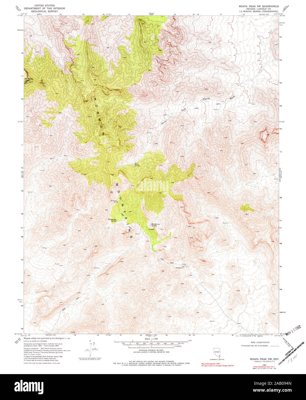 Carte TOPO USGS Nevada NV Moapa Peak NW 3194721969 24000 Restauration Banque D'Images