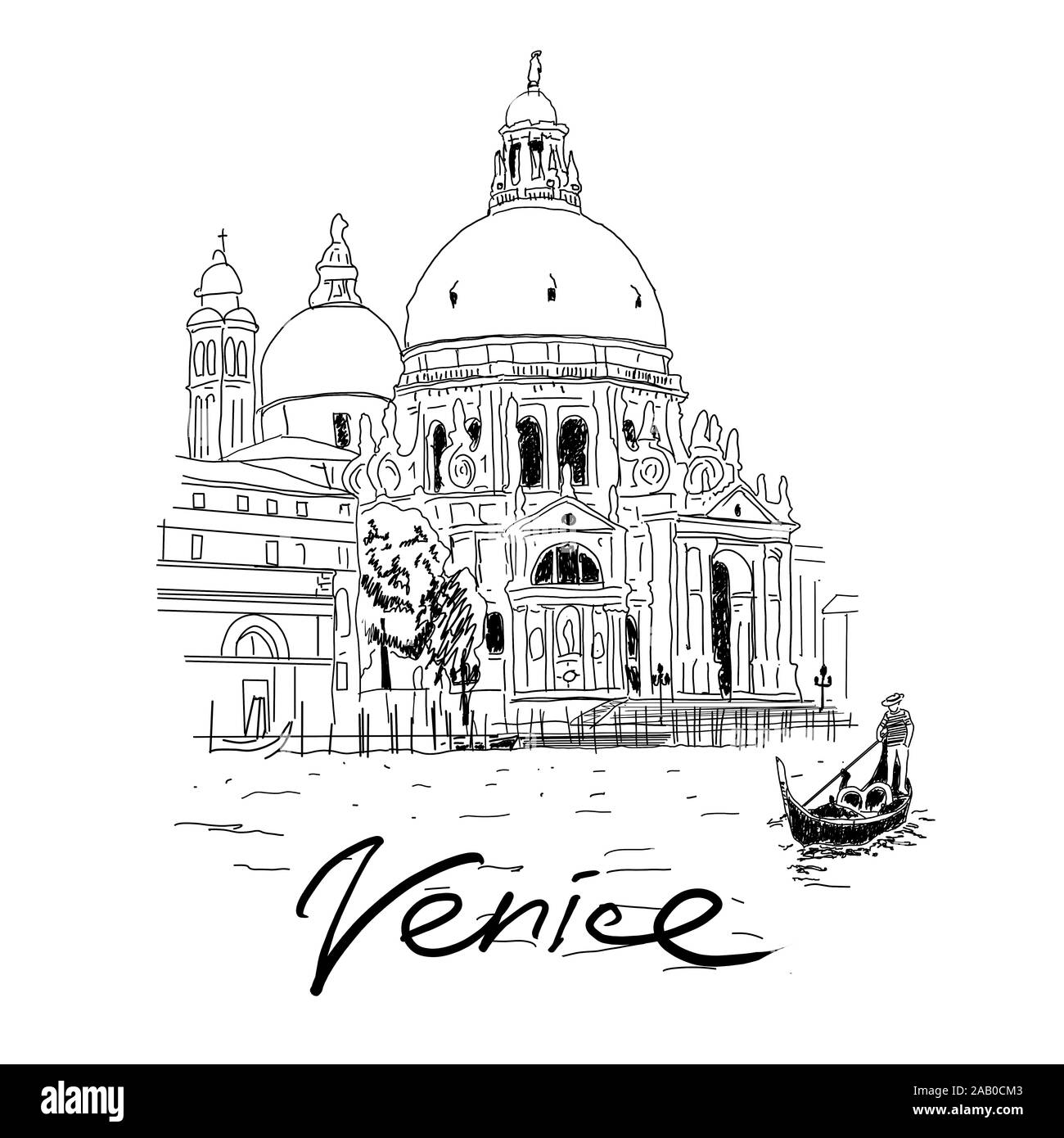 L'église Santa Maria della Salute sur Grand Canal à Venise, Italie. Illustration croquis dessinés à la main, Banque D'Images