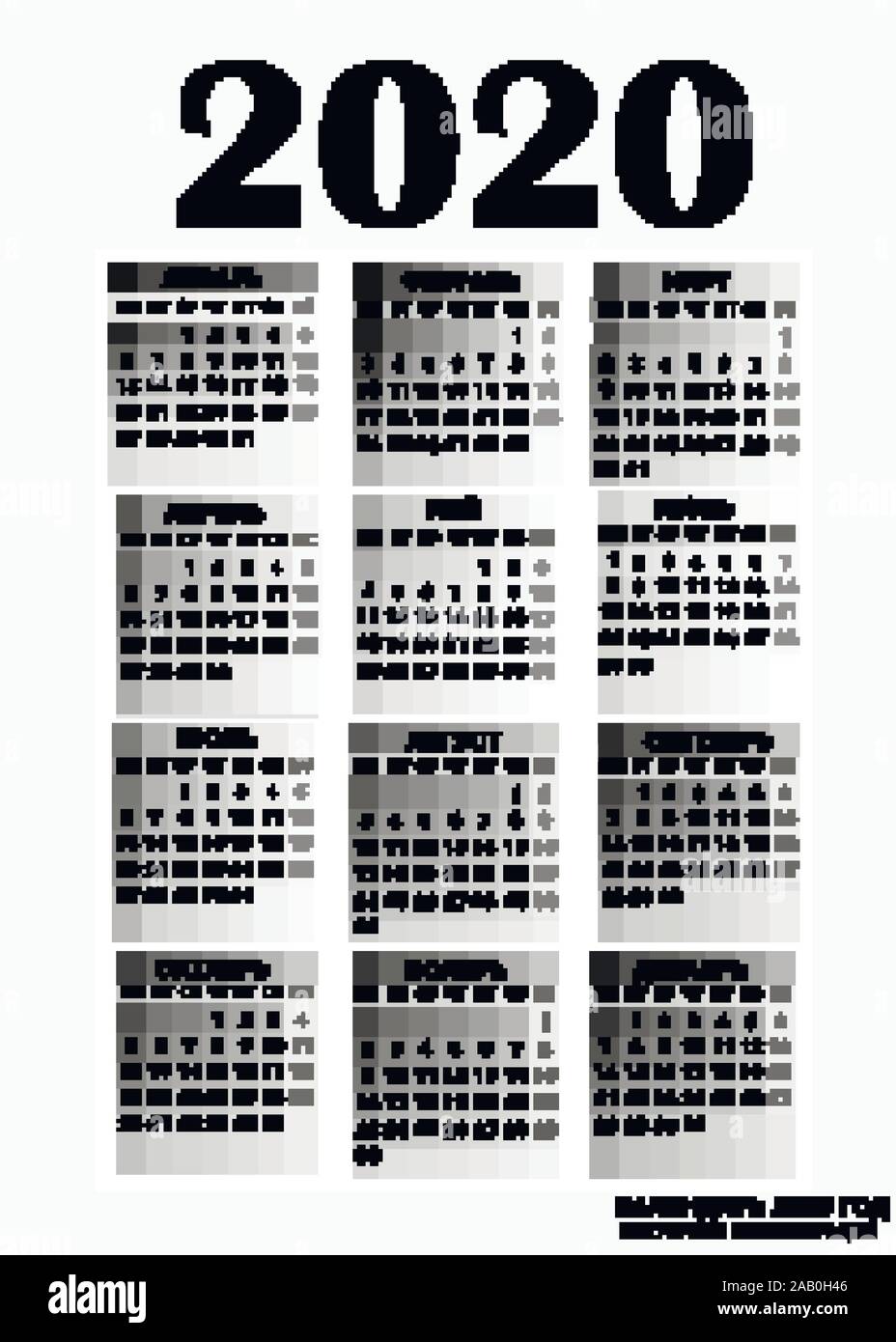 Calendrier année 2020. Un design coloré pour calendrier 2020 en langue russe. Calendrier pour l'organisation, les affaires et la famille. Semaine commence lundi. Illustration lumineuse de noir et de blanc. Vecteur. Illustration de Vecteur