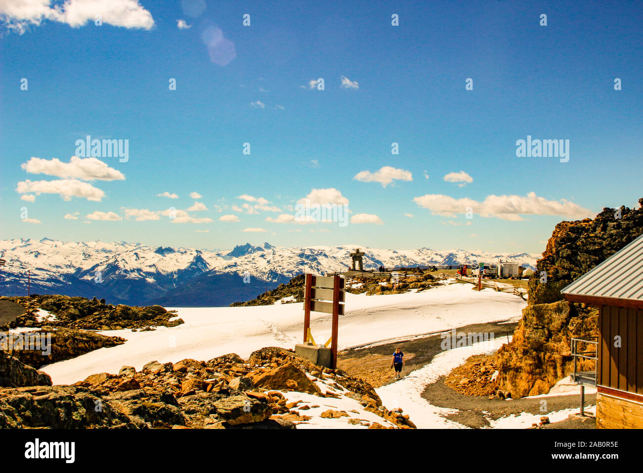 Whistler Peak. Les personnes à la recherche à la vue depuis le sommet du Mont Whistler Banque D'Images