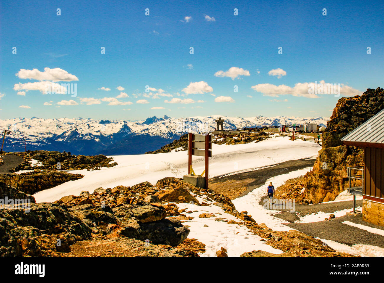 Whistler Peak. Les personnes à la recherche à la vue depuis le sommet du Mont Whistler Banque D'Images