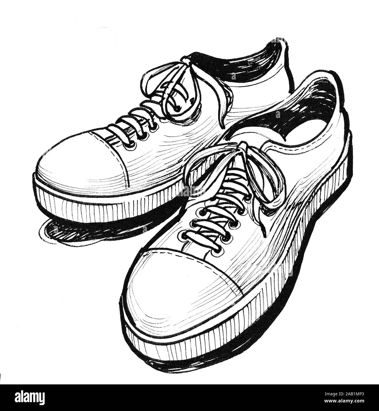 Paire de chaussures de sport. Dessin noir et blanc Encre Photo Stock - Alamy