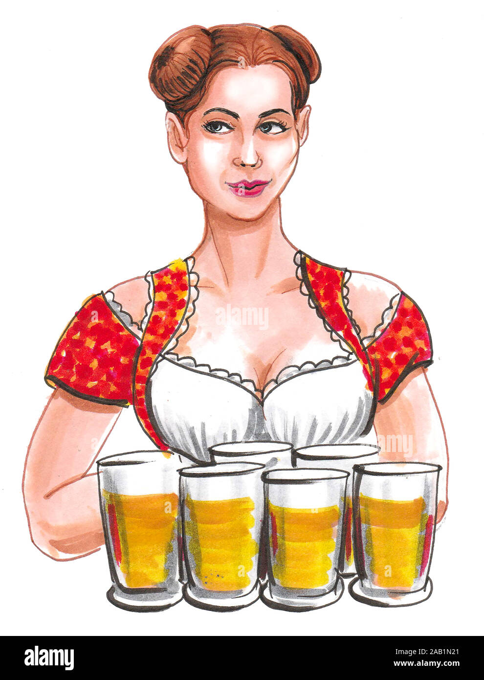 Jolie serveuse allemande avec des verres. Encre et aquarelle illustration Banque D'Images Jolie serveuse allemande avec des verres. Encre et aquarelle illustration Banque D'Images