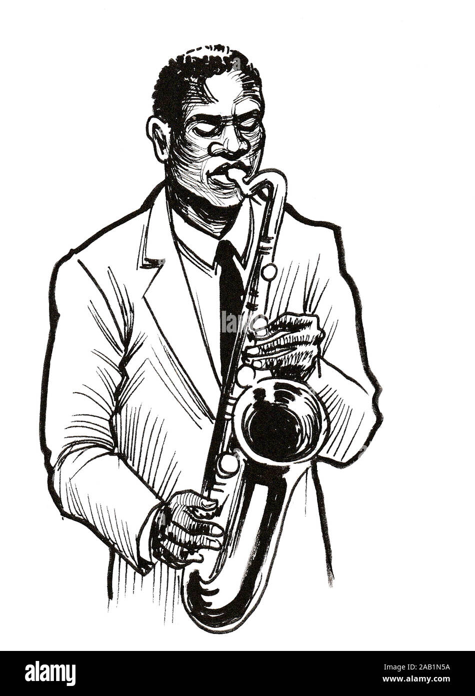 Musicien Noir à jouer du saxophone. Dessin noir et blanc Encre Banque D'Images