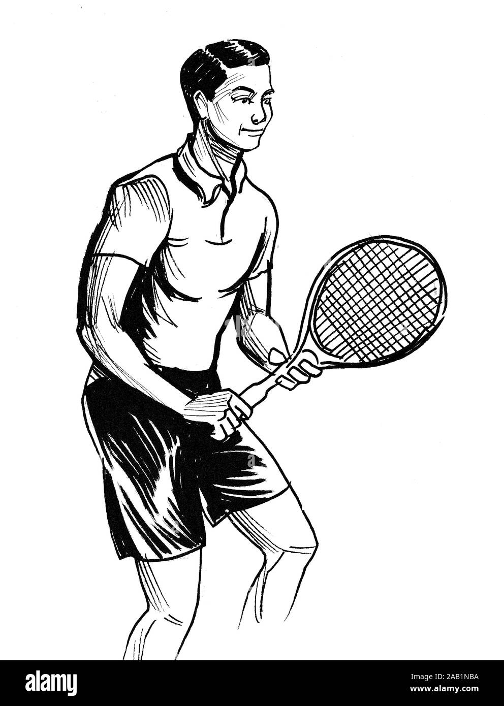 L'homme jouant au tennis. Dessin noir et blanc Encre Banque D'Images