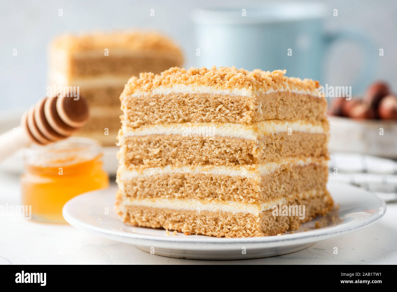Gateau Au Miel Russe Medovik Tranche Vue Rapprochee Couches De Miel Biscuit Avec La Creme Patissiere Dessert Savoureux Gateau Carre Photo Stock Alamy